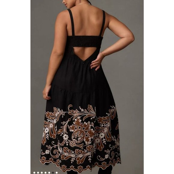 Anthropologie 1X Corset Bodice Linen Blend Embroidered Scalloped Hem Midi Dress - Picture 7 of 16